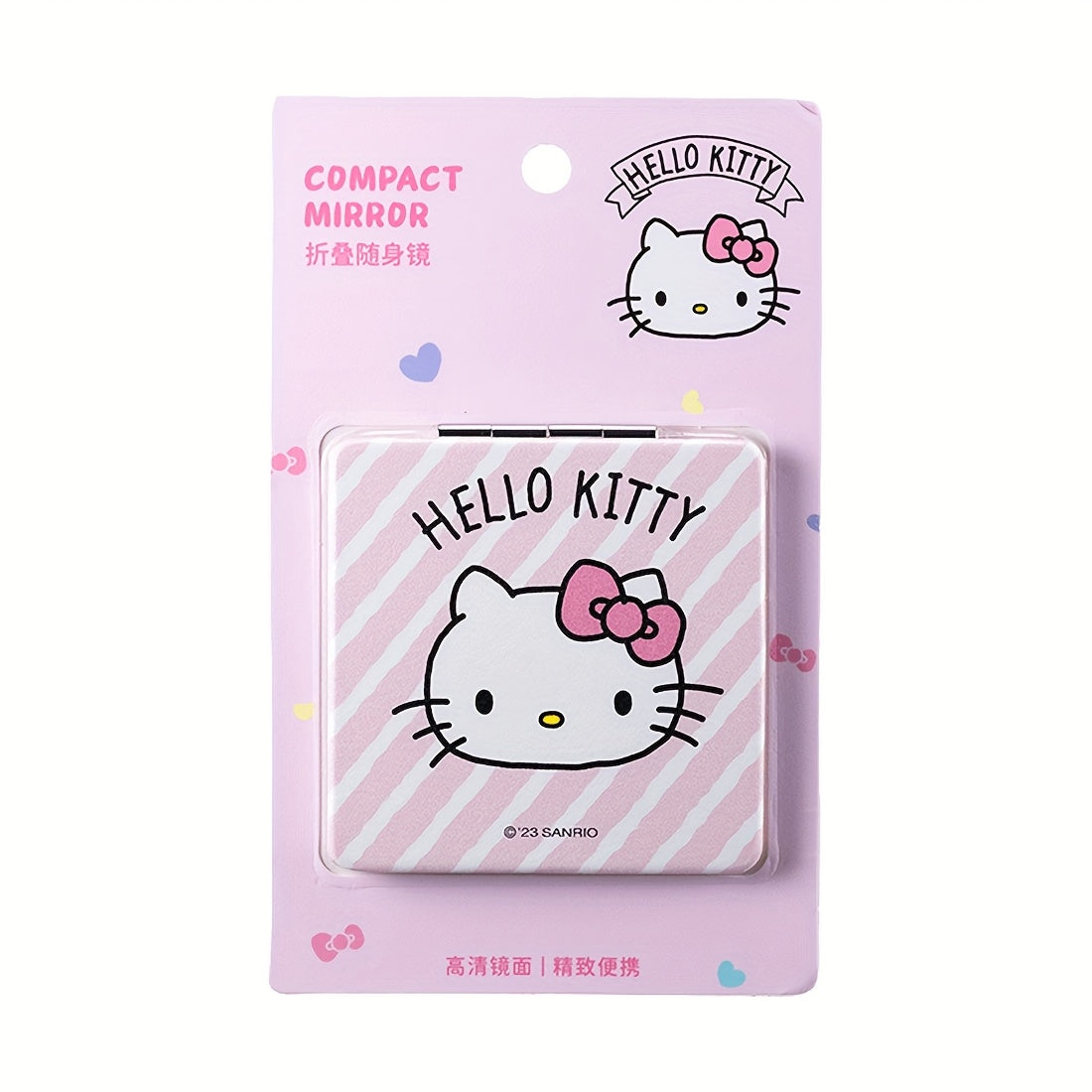 MINISO Hello Kitty Double-Sided Pink Striped Folding Mirror - Portable Square Travel Makeup Mirror with Cute Cartoon Design, Teddy Bear & Hearts, Durable Plastic Compact for On-the-Go, Playful Aesthetic