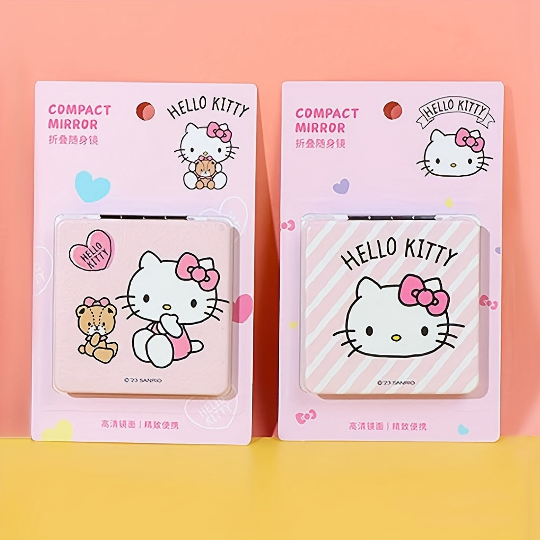 MINISO Hello Kitty Double-Sided Pink Striped Folding Mirror - Portable Square Travel Makeup Mirror with Cute Cartoon Design, Teddy Bear & Hearts, Durable Plastic Compact for On-the-Go, Playful Aesthetic