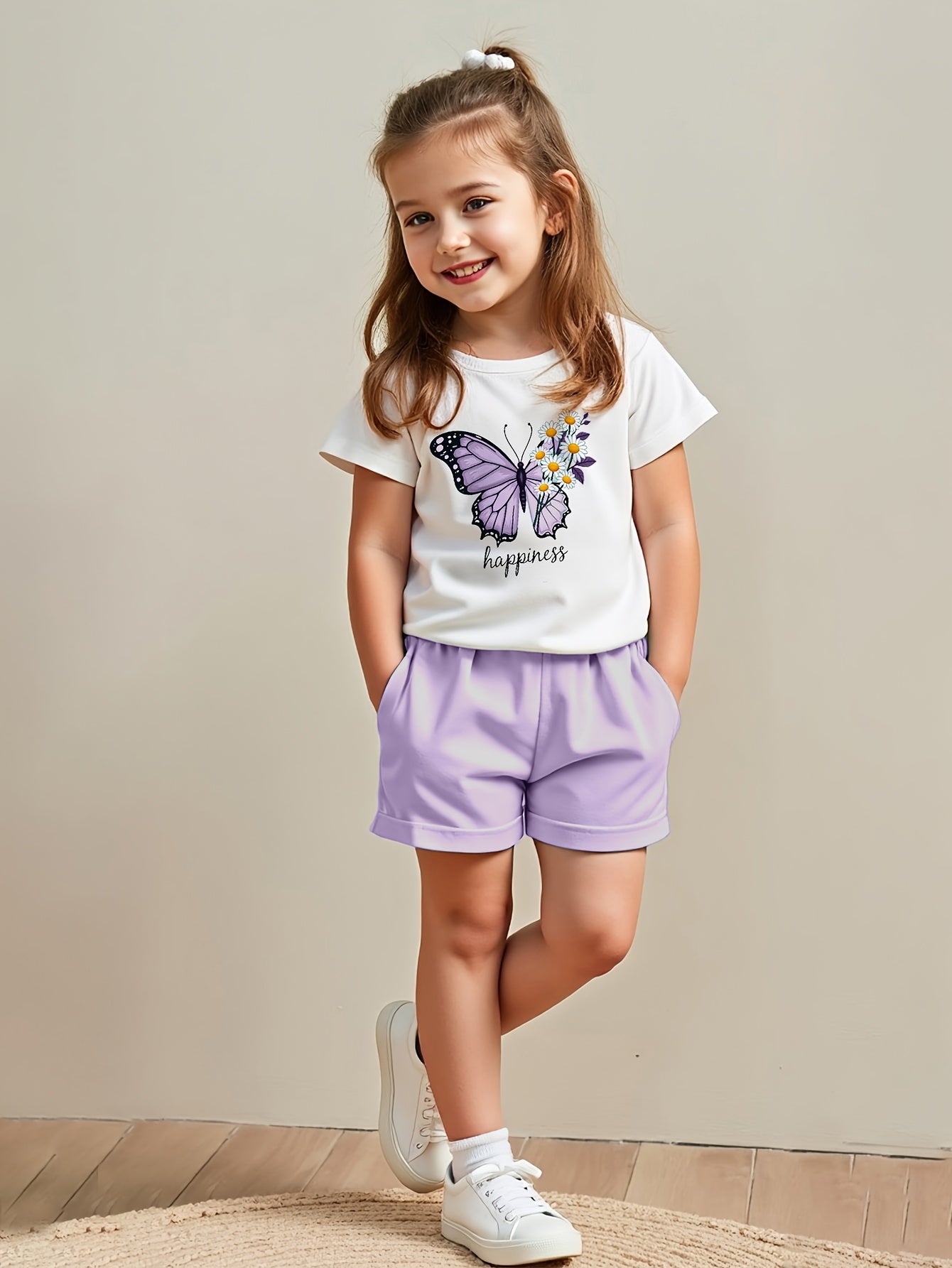 2pcs Set Summer Casual Short Sleeve Crew Neck Polyester T-Shirt Tops and Shorts for Kids, for Outdoor