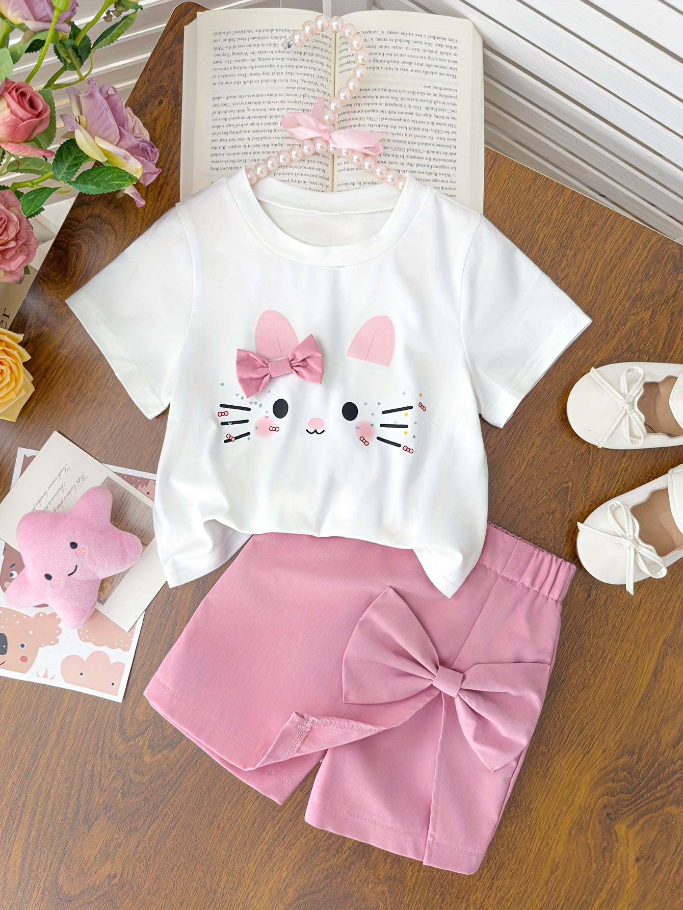 Girls' New Summer Fashion Round Neck Kitten Pattern 3D Bow T-Shirt Top + Bow Half Skirt Shorts Two-Piece Set Cute Style, Perfect for Outdoor