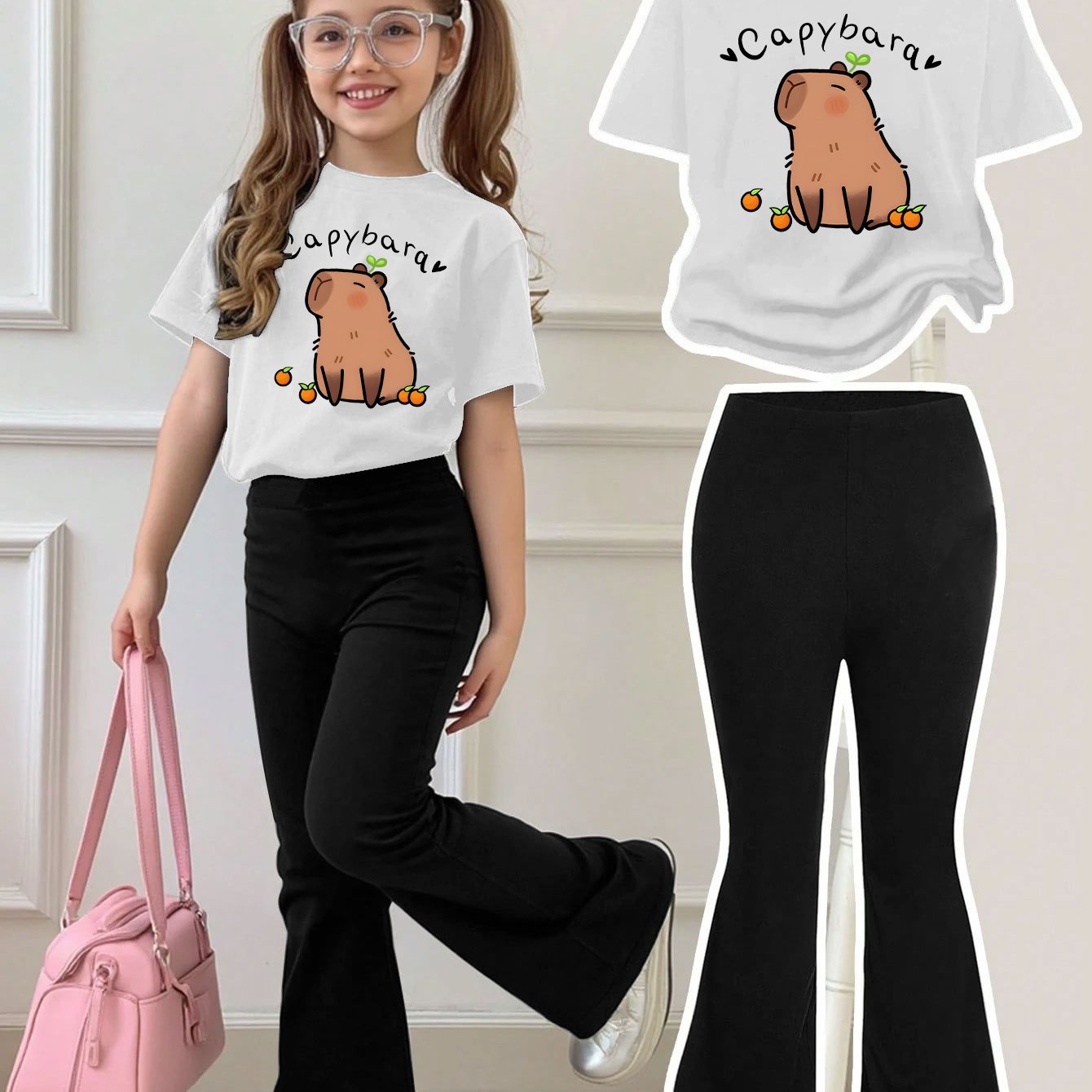 Girls Summer Breathable And Comfortable Fashion Casual Suit Capibara Print Round Neck Short-Sleeved T-Shirt + Flared Trousers Two-Piece Suit for Outdoor