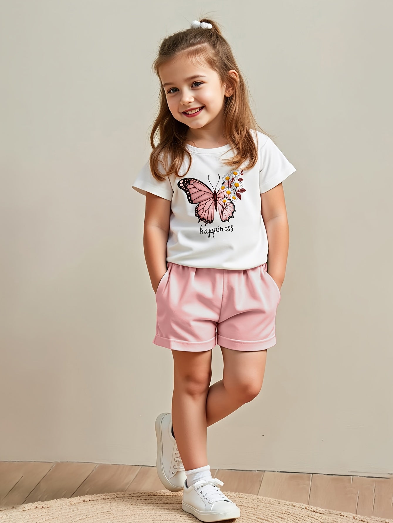 2pcs Set Summer Casual Short Sleeve Crew Neck Polyester T-Shirt Tops and Shorts for Kids, for Outdoor