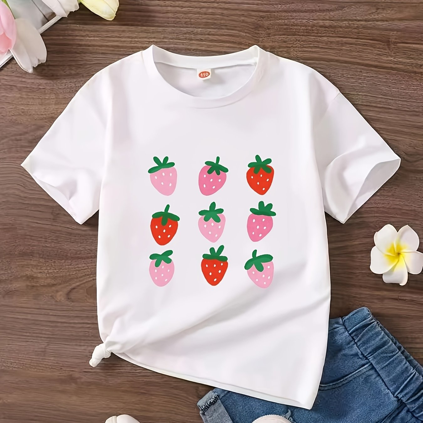 Women'S Casual Strawberry Print T-Shirt - Soft, Stretchy Knit Top with Round Neck, Short Sleeve, Spring/Summer/Fall Style, Comfortable Fit, Casual Wear | Playful Print Top | Comfortable Fit Top, Strawberry Top