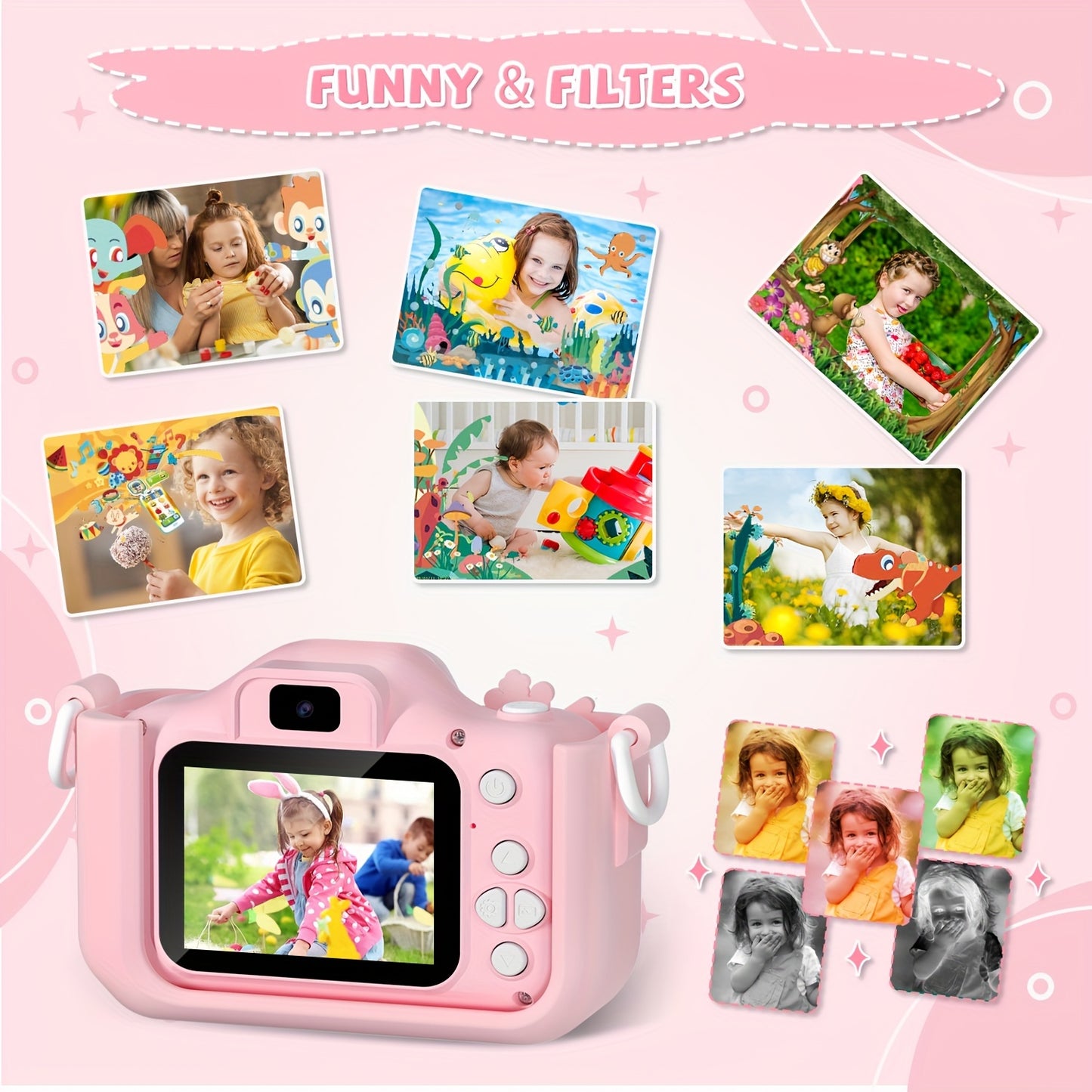 RIVGOT Youngsters' Pink Unicorn Digital Camera with Front & Rear Cameras - Rechargeable USB, IPS Screen, 400mAh Battery - Includes Photo & Video Games - Ideal for 3-12 Year Olds, Birthday & Christmas Gift, RIVGOT