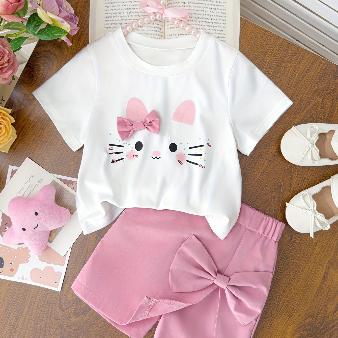 Girls' New Summer Fashion Round Neck Kitten Pattern 3D Bow T-Shirt Top + Bow Half Skirt Shorts Two-Piece Set Cute Style, Perfect for Outdoor
