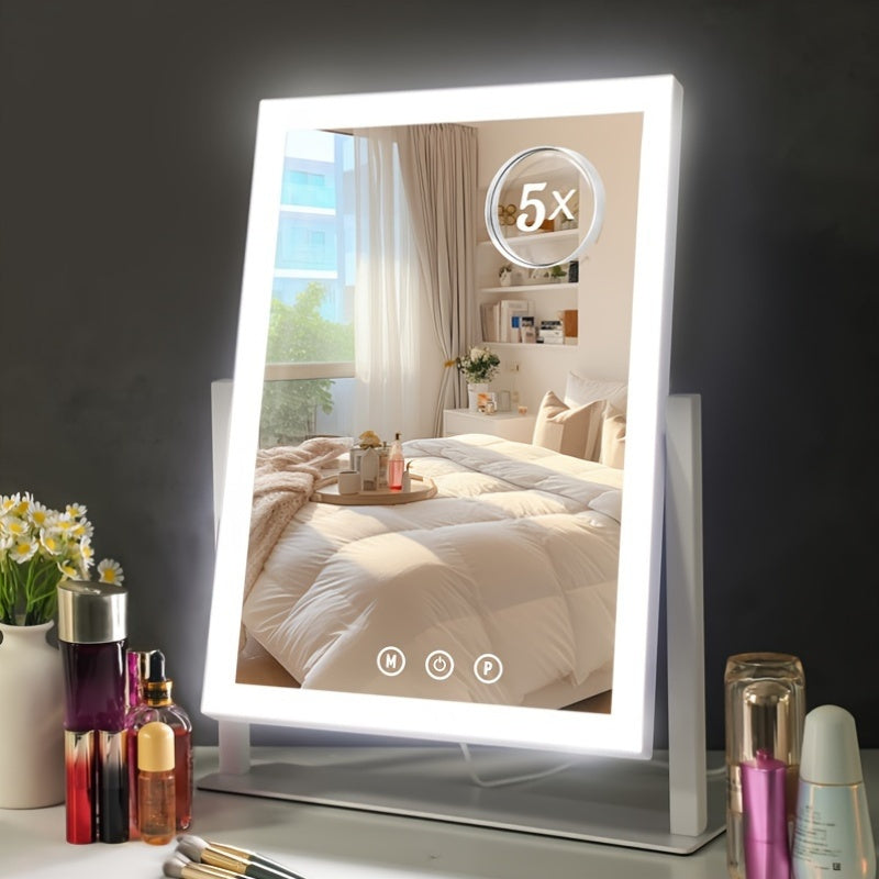 Niuphia Lighted Makeup Mirror, Adjustable LED Lighting, USB Powered, 5000Mah Rechargeable Battery, Touch Control, 360° Swivel, Polished Metal Frame.