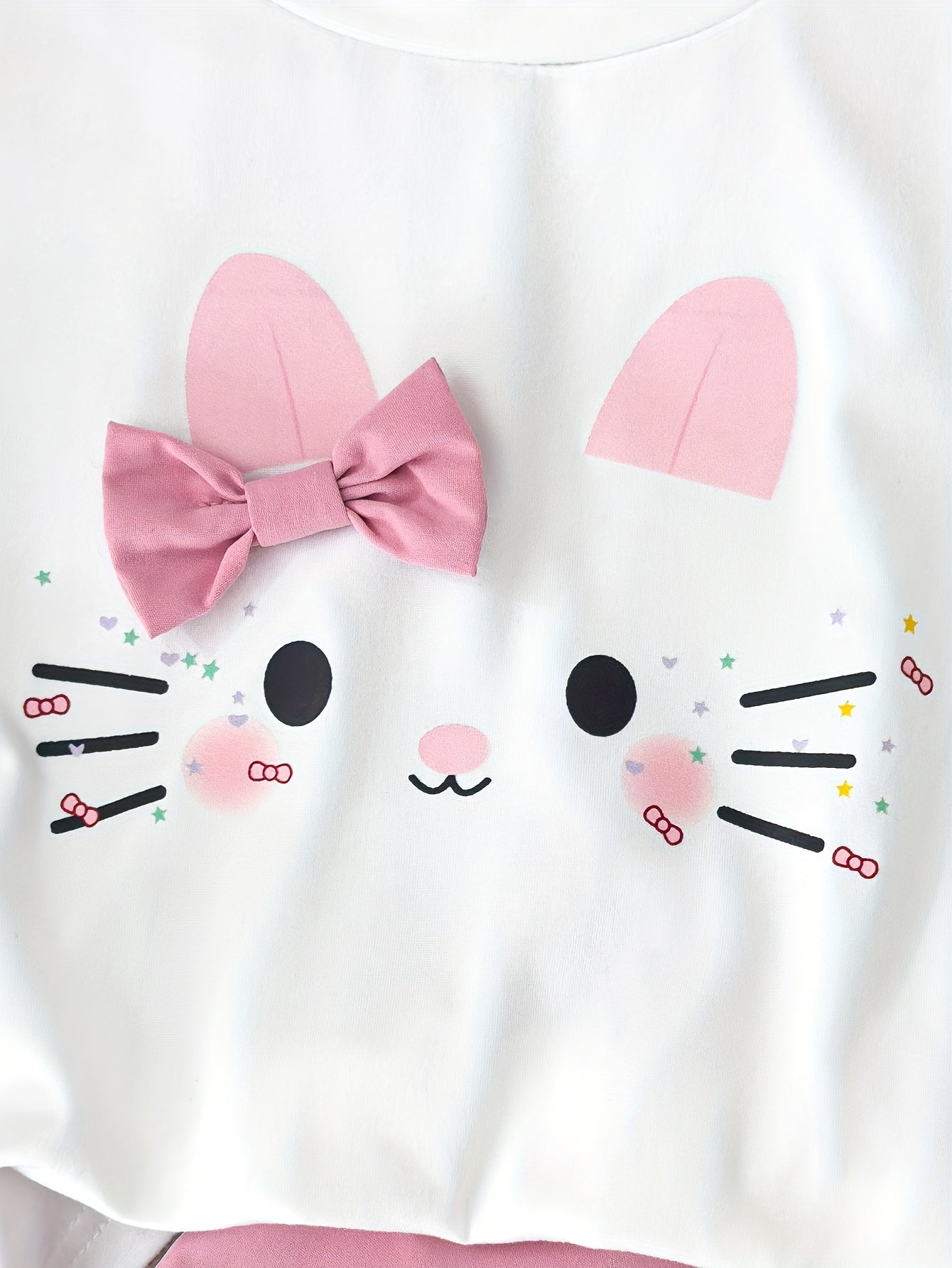 Girls' New Summer Fashion Round Neck Kitten Pattern 3D Bow T-Shirt Top + Bow Half Skirt Shorts Two-Piece Set Cute Style, Perfect for Outdoor