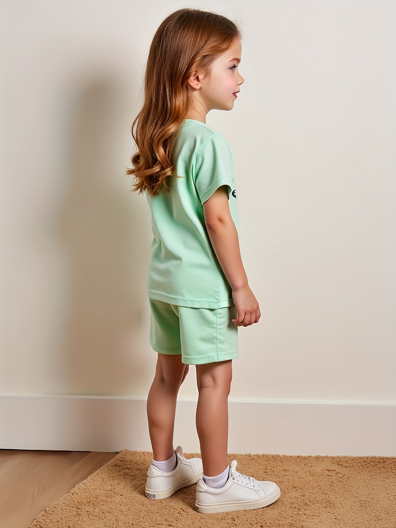 2pcs Set Summer Casual Short Sleeve Crew Neck Polyester T-Shirt Tops and Shorts for Kids, for Outdoor