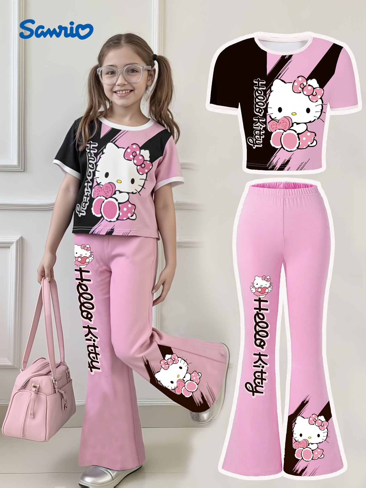 Ku'luo'm Girls' Two-Piece Set: Short Sleeve Heart & Bow Print Top + Flared Pants - Pink with White & Black Accents, Casual Summer Outfit for Youngsters, Cute Outfit|Playful Design|Stretchy Fabri, for Outdoor