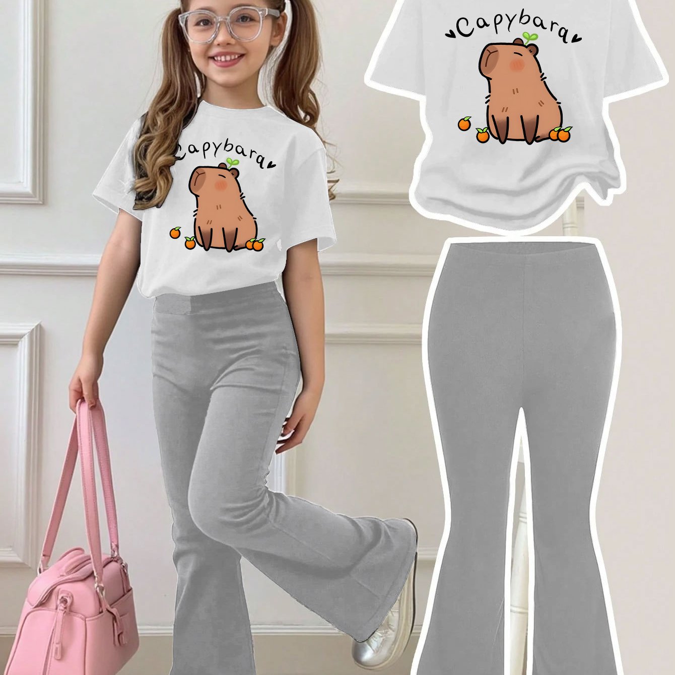 Girls Summer Breathable And Comfortable Fashion Casual Suit Capibara Print Round Neck Short-Sleeved T-Shirt + Flared Trousers Two-Piece Suit for Outdoor