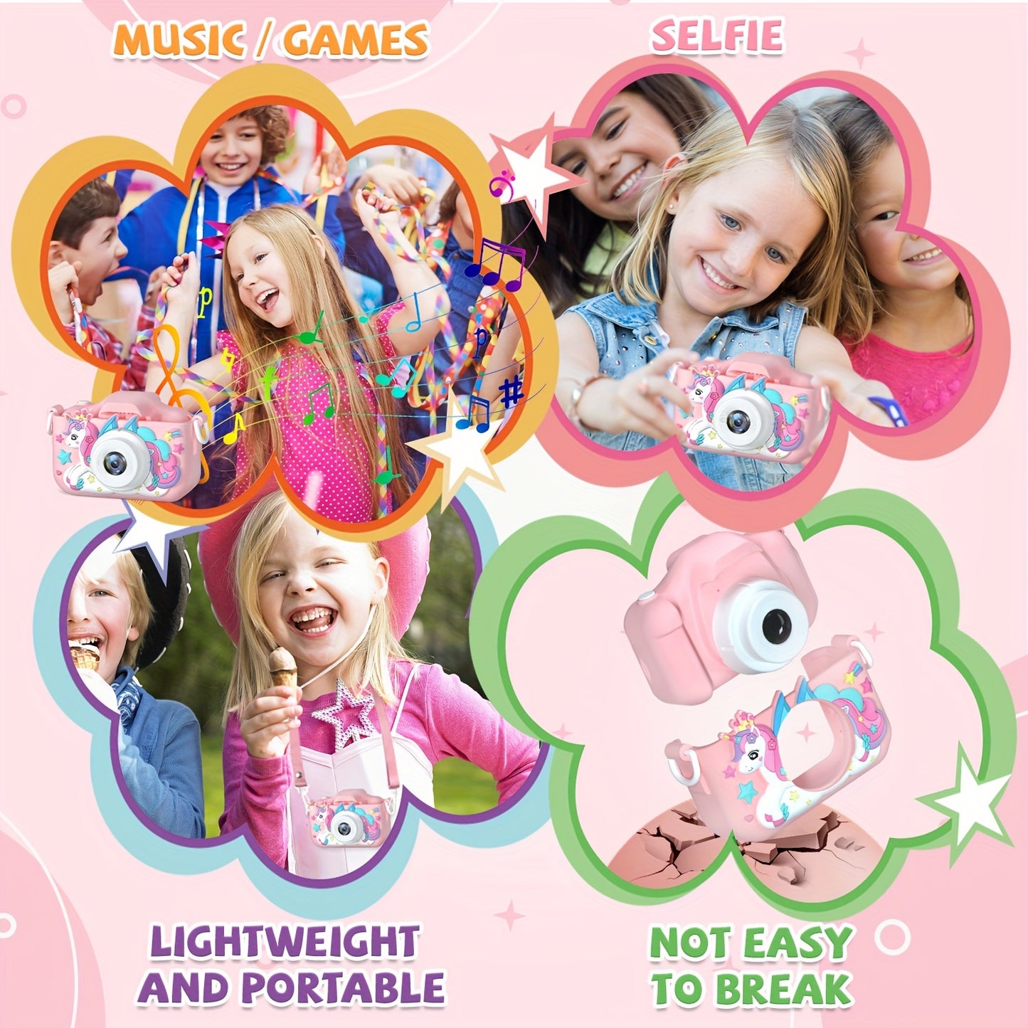 RIVGOT Youngsters' Pink Unicorn Digital Camera with Front & Rear Cameras - Rechargeable USB, IPS Screen, 400mAh Battery - Includes Photo & Video Games - Ideal for 3-12 Year Olds, Birthday & Christmas Gift, RIVGOT