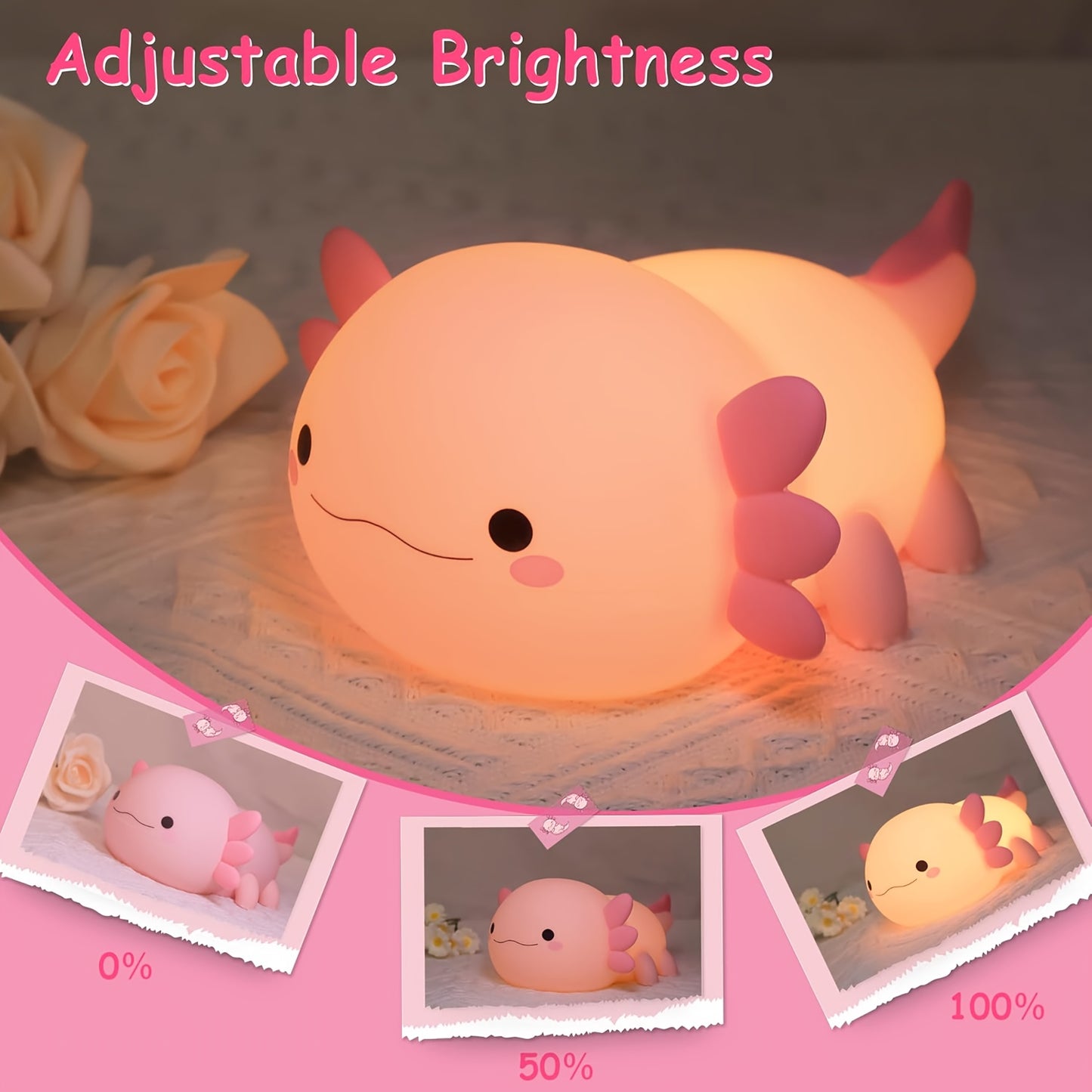 Adorable Axolotl LED Night Light - Dimmable, Rechargeable With Timer & Tap Control, Perfect Nursery Gift For Kids And Women..Up To Six Hours Of Wireless Lighting, Room