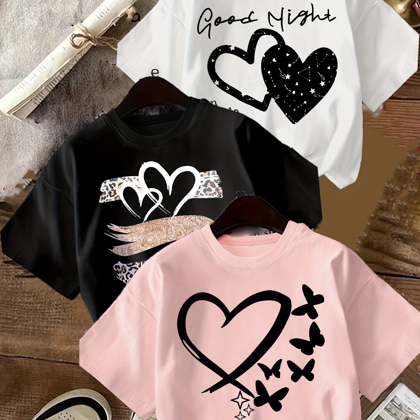 3pcs Love Print Summer Casual T-Shirts for Girls