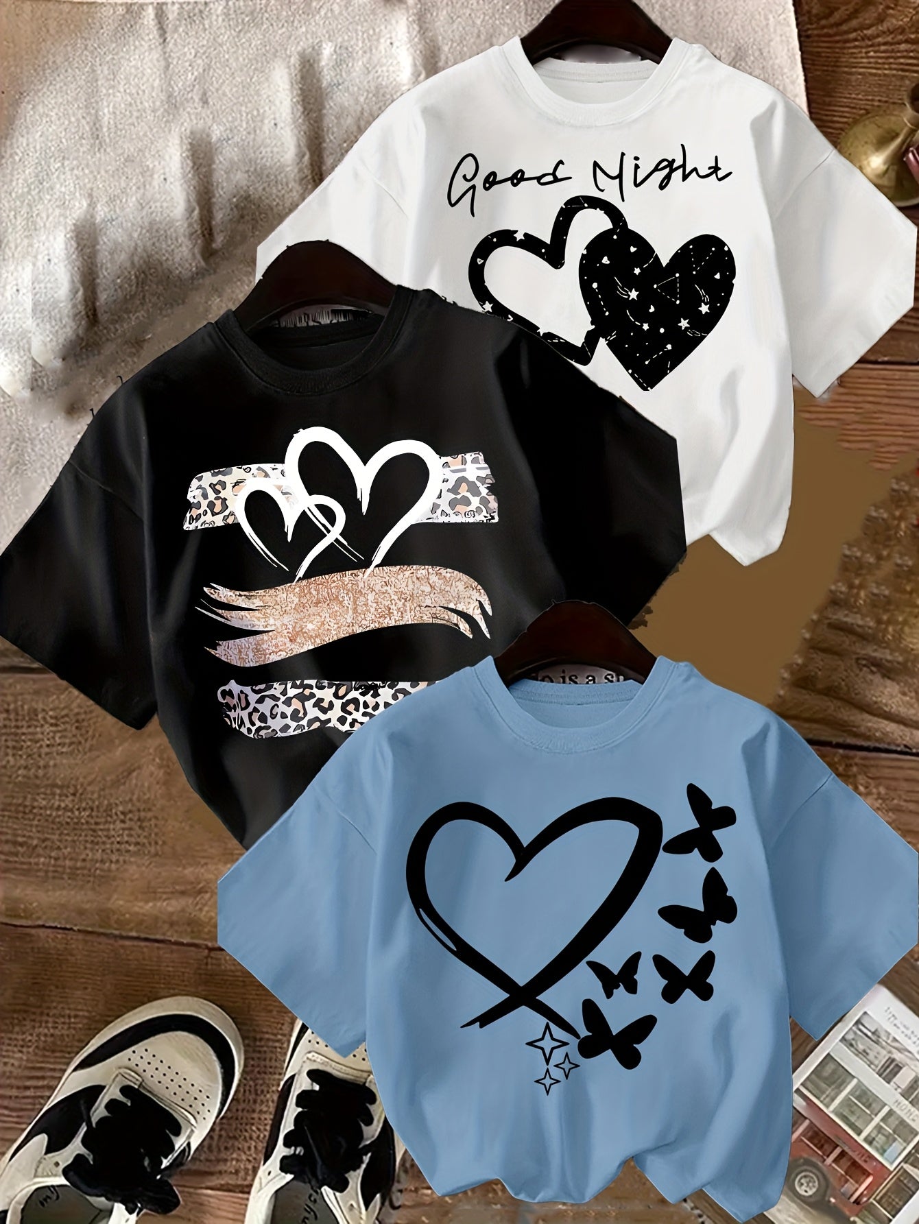 3pcs Love Print Summer Casual T-Shirts for Girls