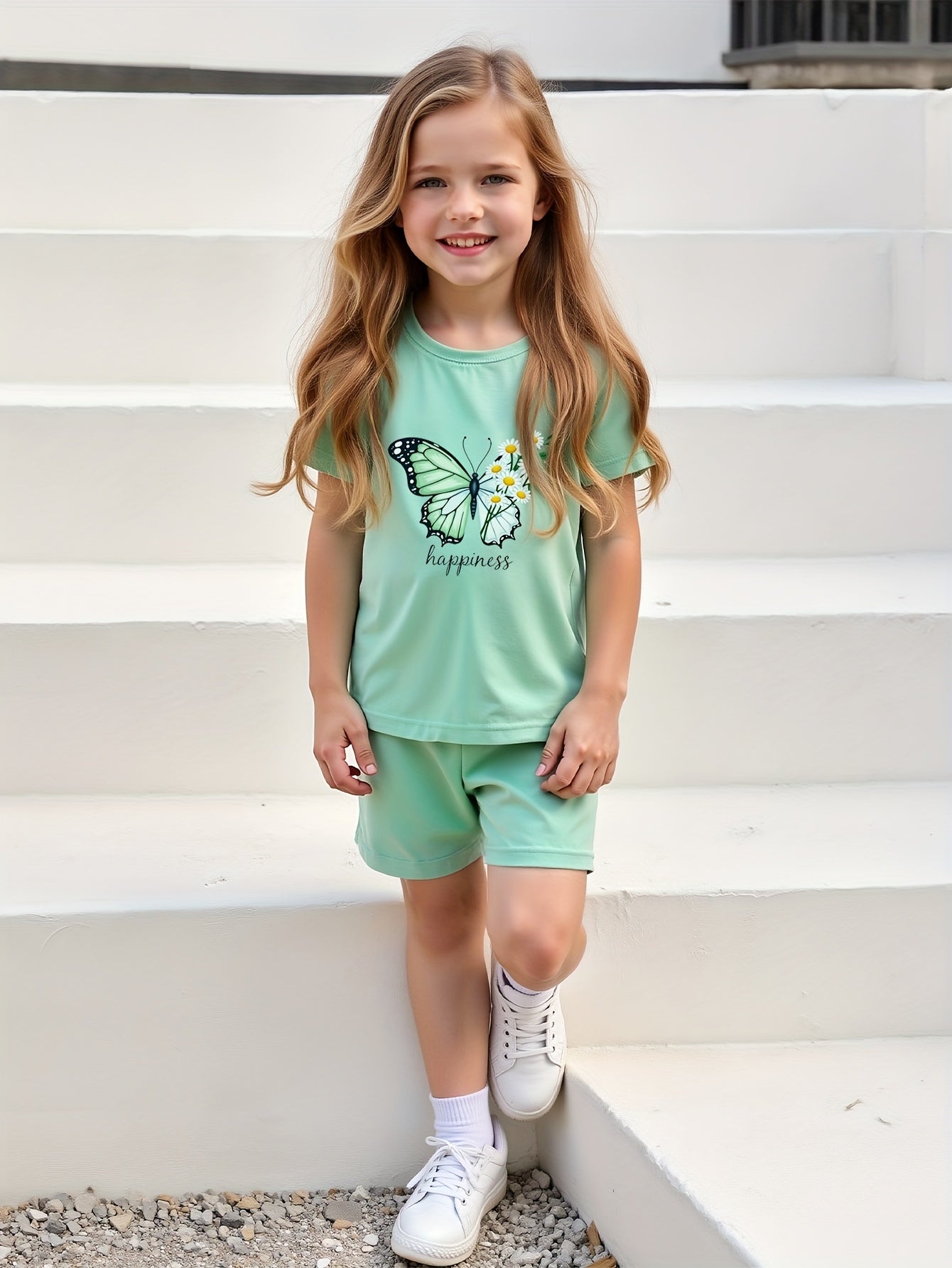 2pcs Set Summer Casual Short Sleeve Crew Neck Polyester T-Shirt Tops and Shorts for Kids, for Outdoor