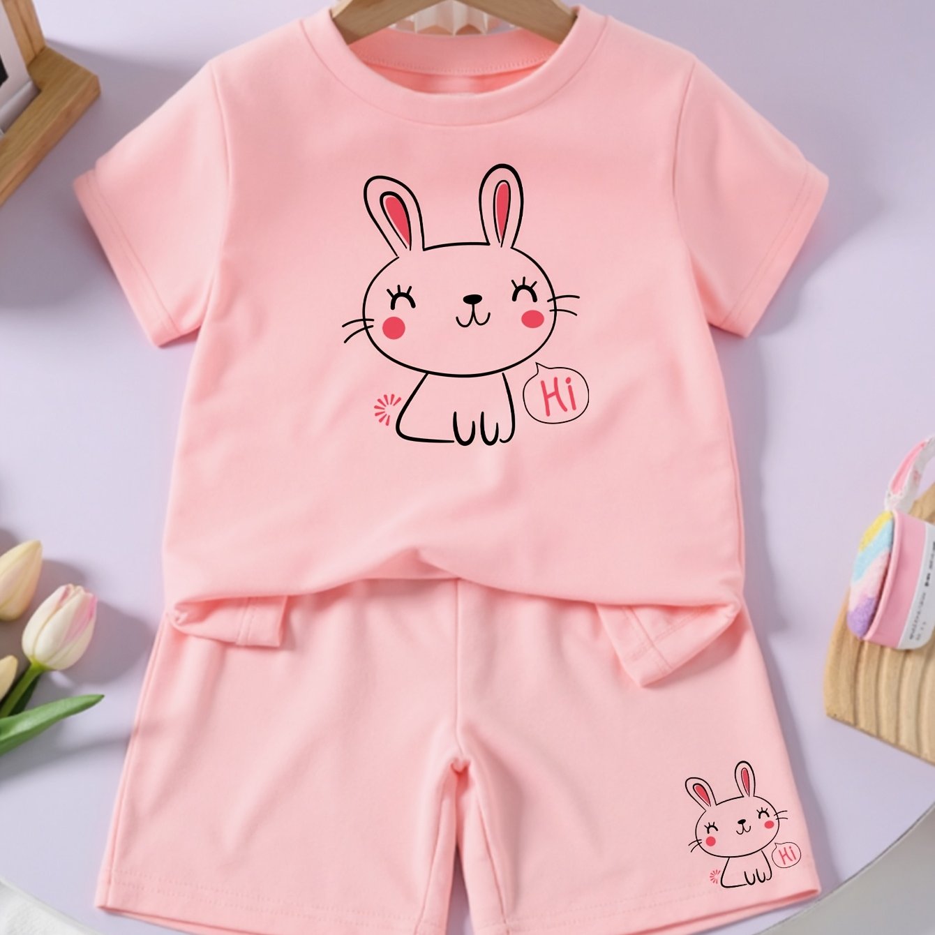 Comfortable T-Shirt for Girls, Simple And Casual for Daily Sports, Featuring a Cute Rabbit Print with Fun Lines in a Short-Sleeve And Shorts Set, for Outdoor
