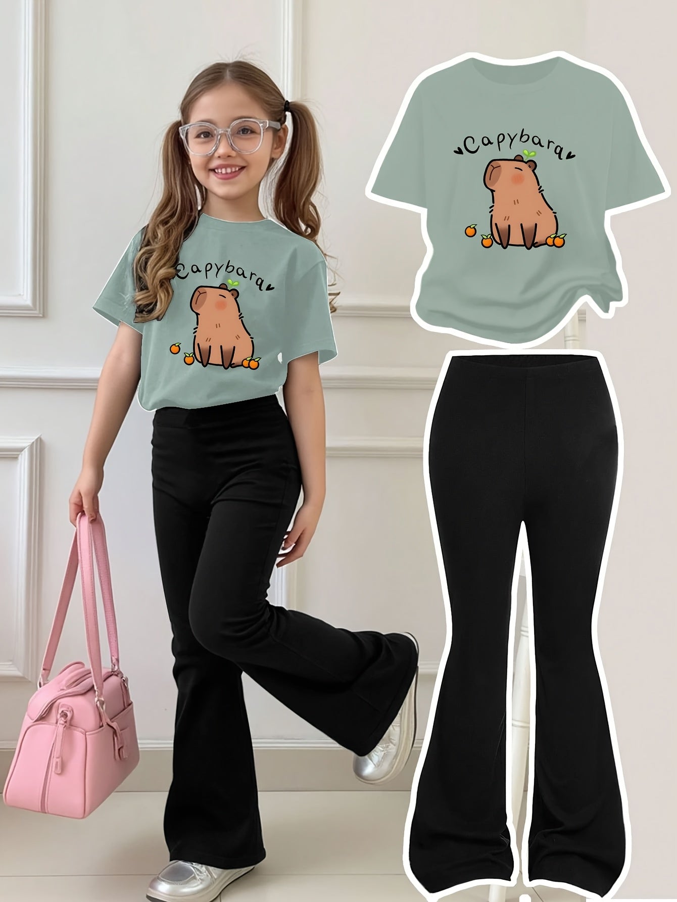 Girls Summer Breathable And Comfortable Fashion Casual Suit Capibara Print Round Neck Short-Sleeved T-Shirt + Flared Trousers Two-Piece Suit for Outdoor