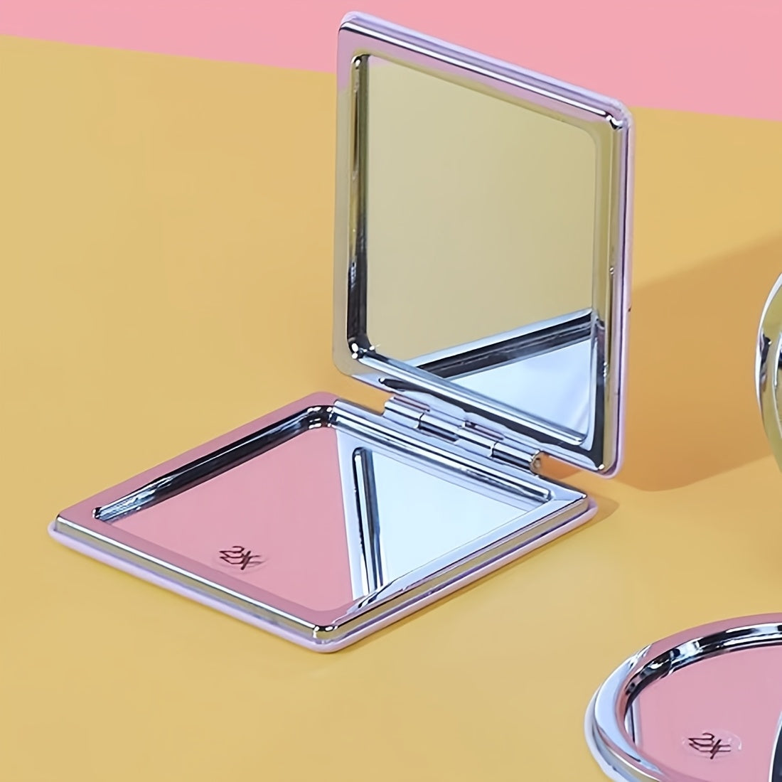 MINISO Hello Kitty Double-Sided Pink Striped Folding Mirror - Portable Square Travel Makeup Mirror with Cute Cartoon Design, Teddy Bear & Hearts, Durable Plastic Compact for On-the-Go, Playful Aesthetic