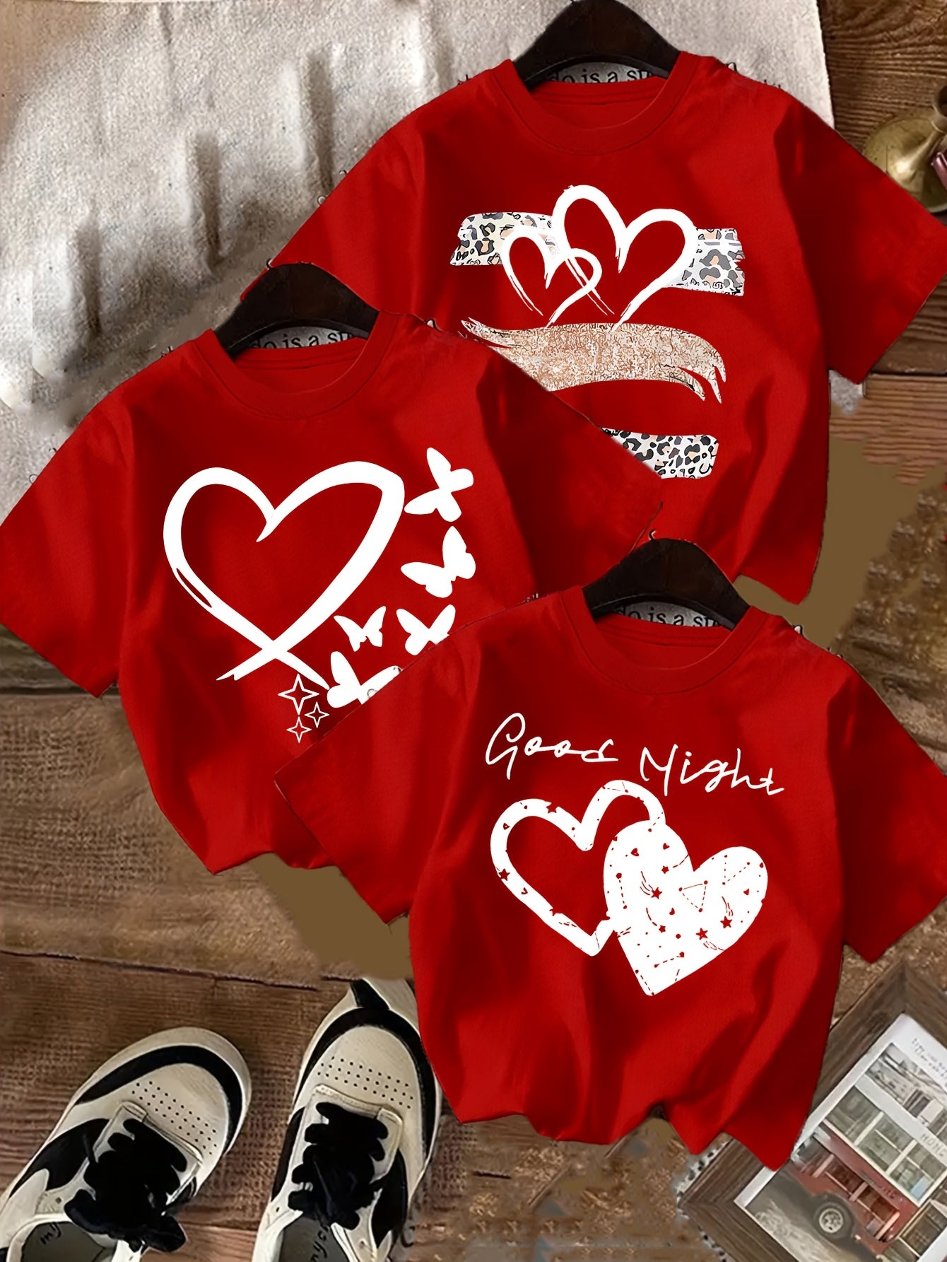 3pcs Love Print Summer Casual T-Shirts for Girls