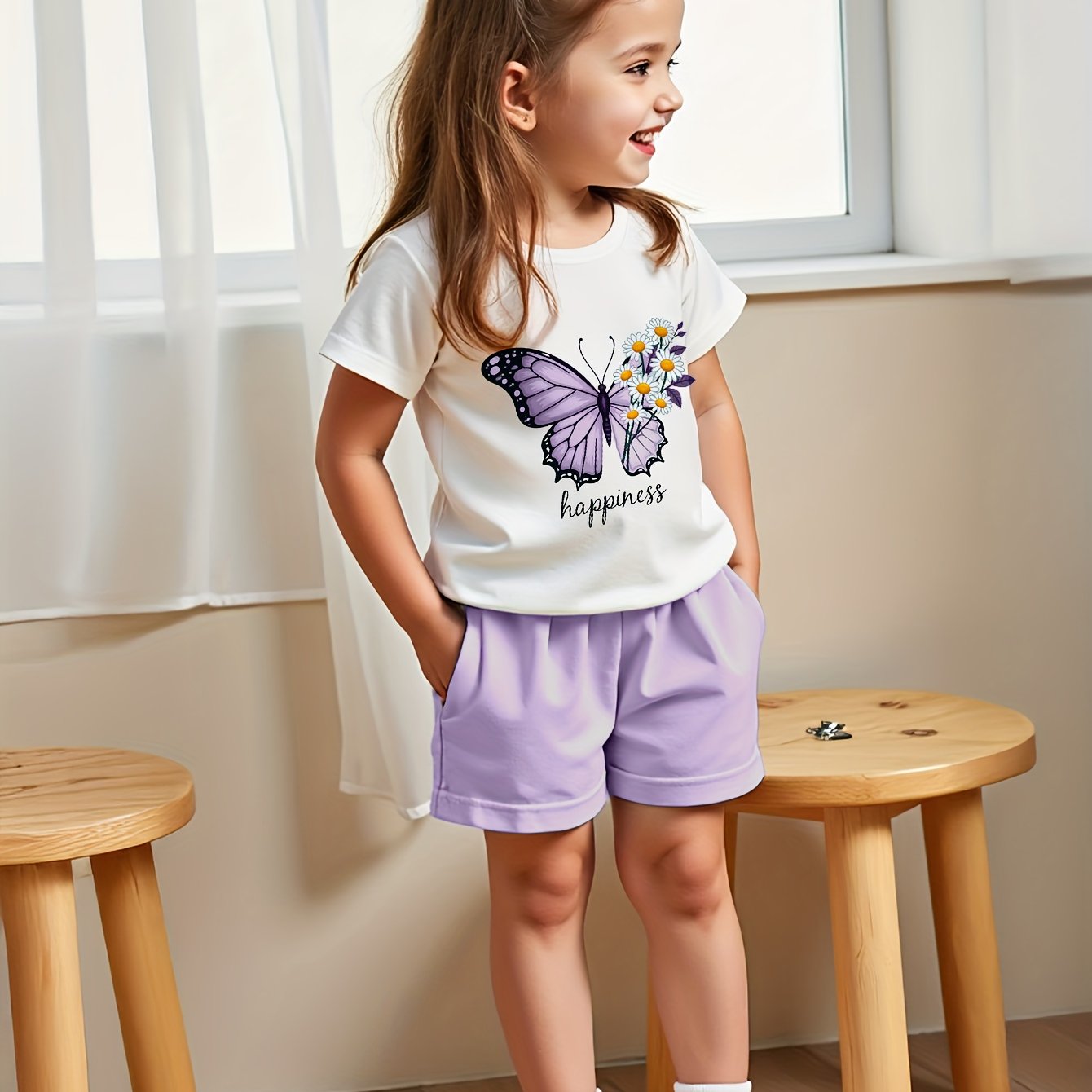 2pcs Set Summer Casual Short Sleeve Crew Neck Polyester T-Shirt Tops and Shorts for Kids, for Outdoor