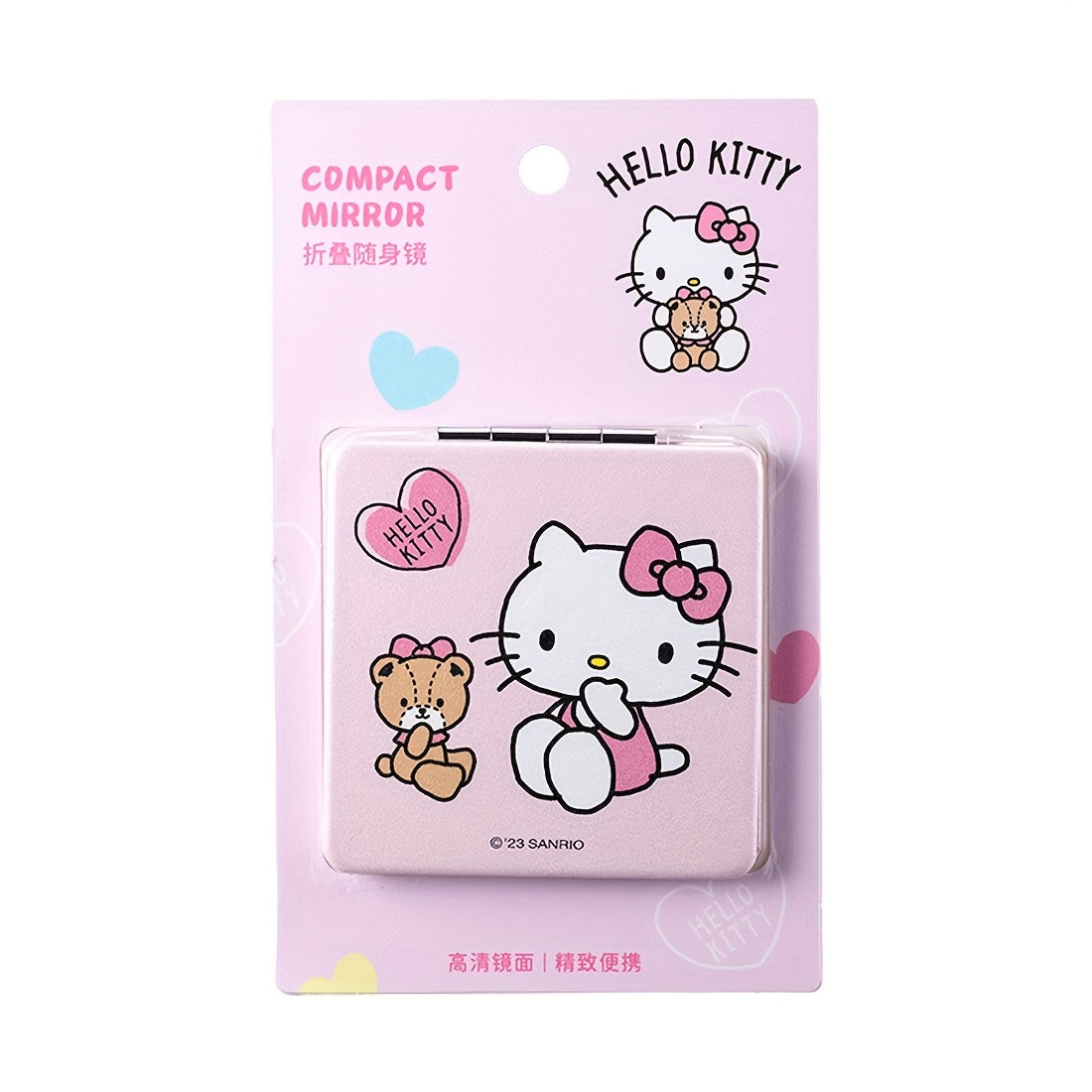 MINISO Hello Kitty Double-Sided Pink Striped Folding Mirror - Portable Square Travel Makeup Mirror with Cute Cartoon Design, Teddy Bear & Hearts, Durable Plastic Compact for On-the-Go, Playful Aesthetic