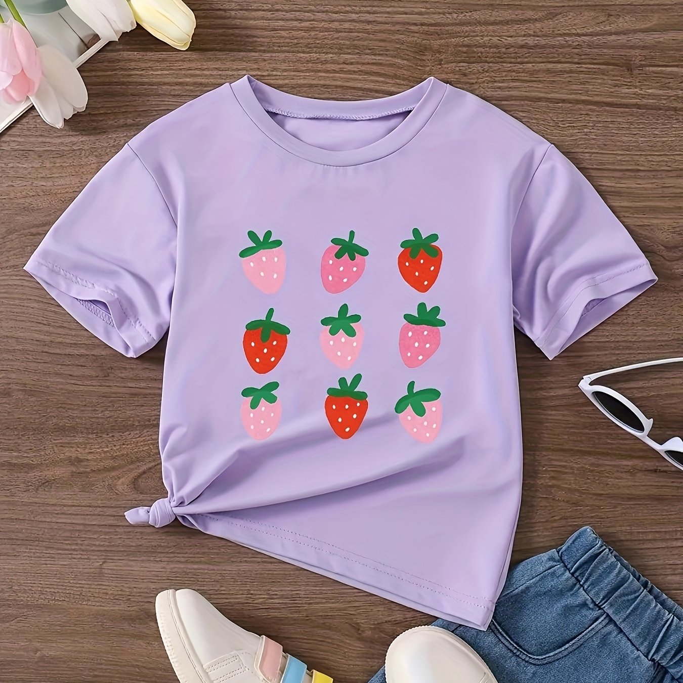 Women'S Casual Strawberry Print T-Shirt - Soft, Stretchy Knit Top with Round Neck, Short Sleeve, Spring/Summer/Fall Style, Comfortable Fit, Casual Wear | Playful Print Top | Comfortable Fit Top, Strawberry Top
