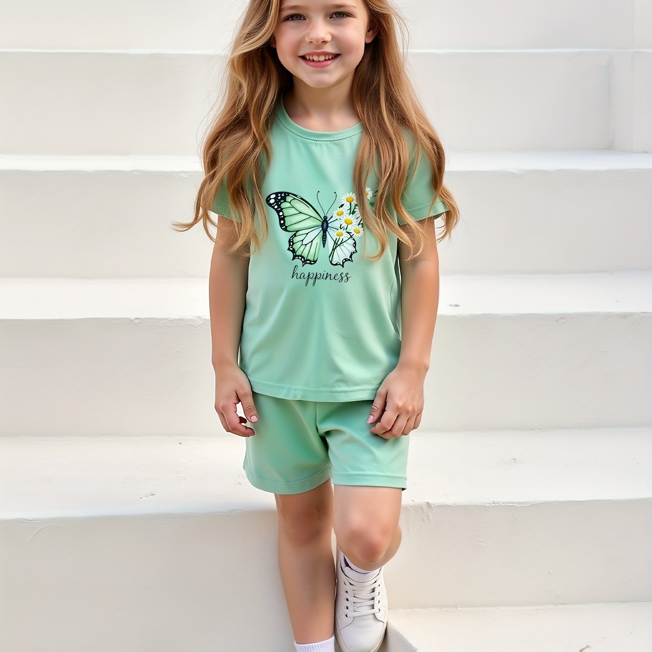 2pcs Set Summer Casual Short Sleeve Crew Neck Polyester T-Shirt Tops and Shorts for Kids, for Outdoor