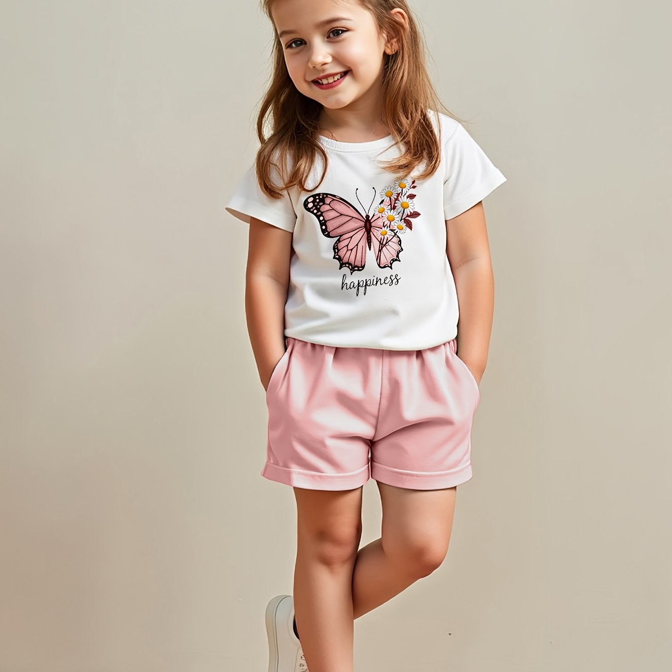 2pcs Set Summer Casual Short Sleeve Crew Neck Polyester T-Shirt Tops and Shorts for Kids, for Outdoor