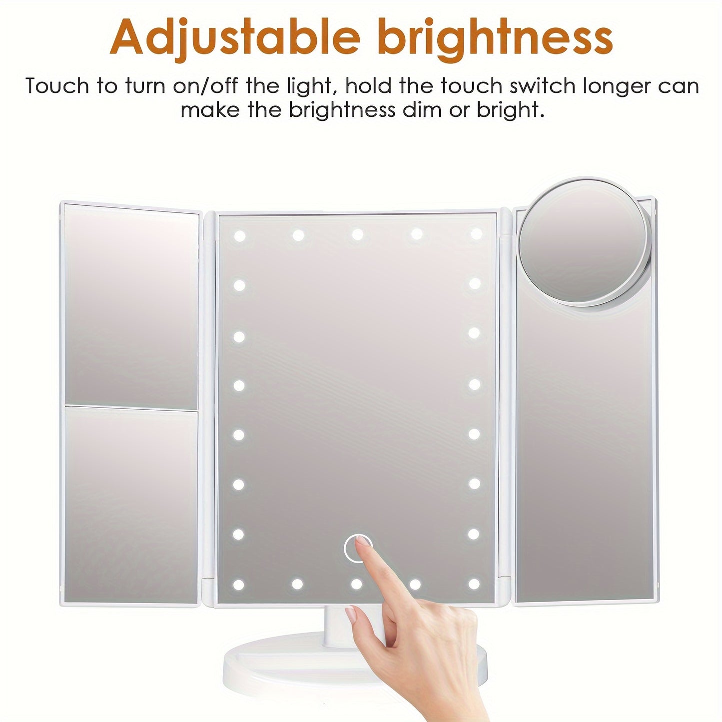 LED Trifold Mirror with Magnifying Mirror, Lighted Cosmetic Mirror Dressing Mirror, Bathroom Adjustable Brightness Mirror, 1X/2X/3X/10X Magnification And Touch Screen Trifold Cosmetic Mirror, Two Power Modes