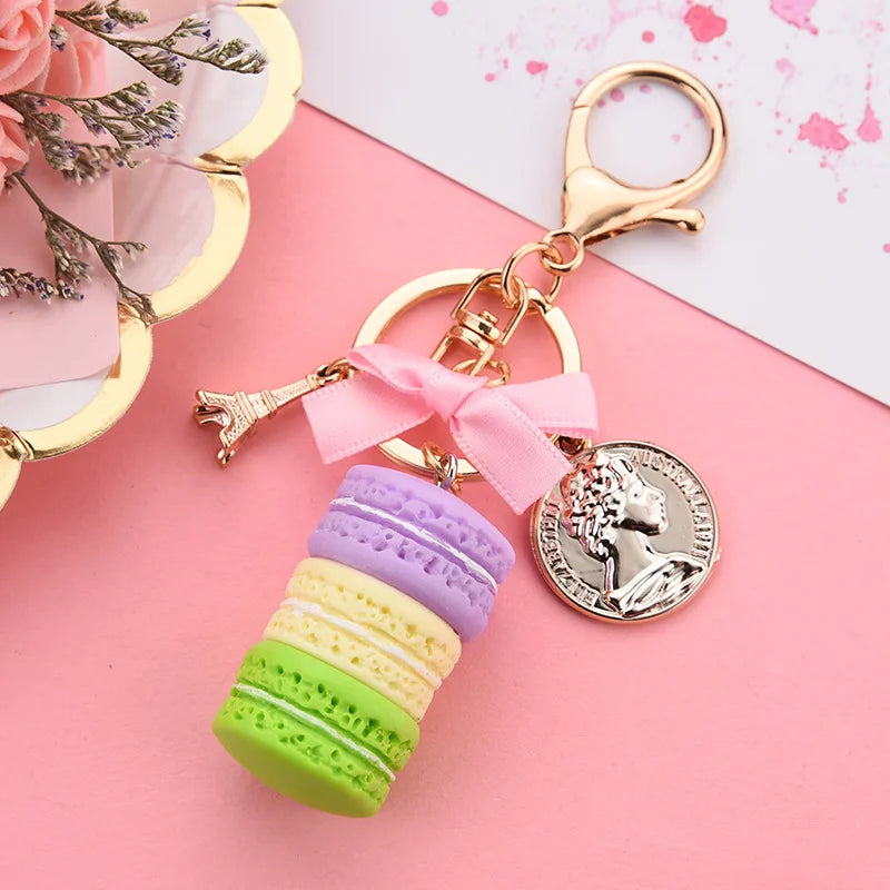 New macaron cake keychain bow Paris tower key ring charm car keychain party gift Jewelry 3087