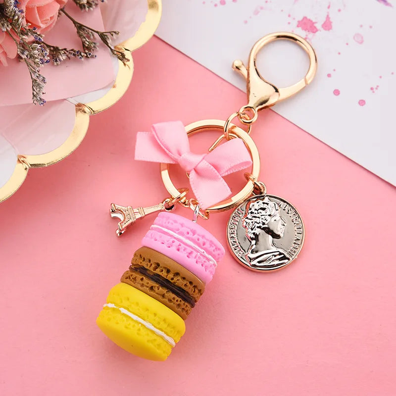 New macaron cake keychain bow Paris tower key ring charm car keychain party gift Jewelry 3087