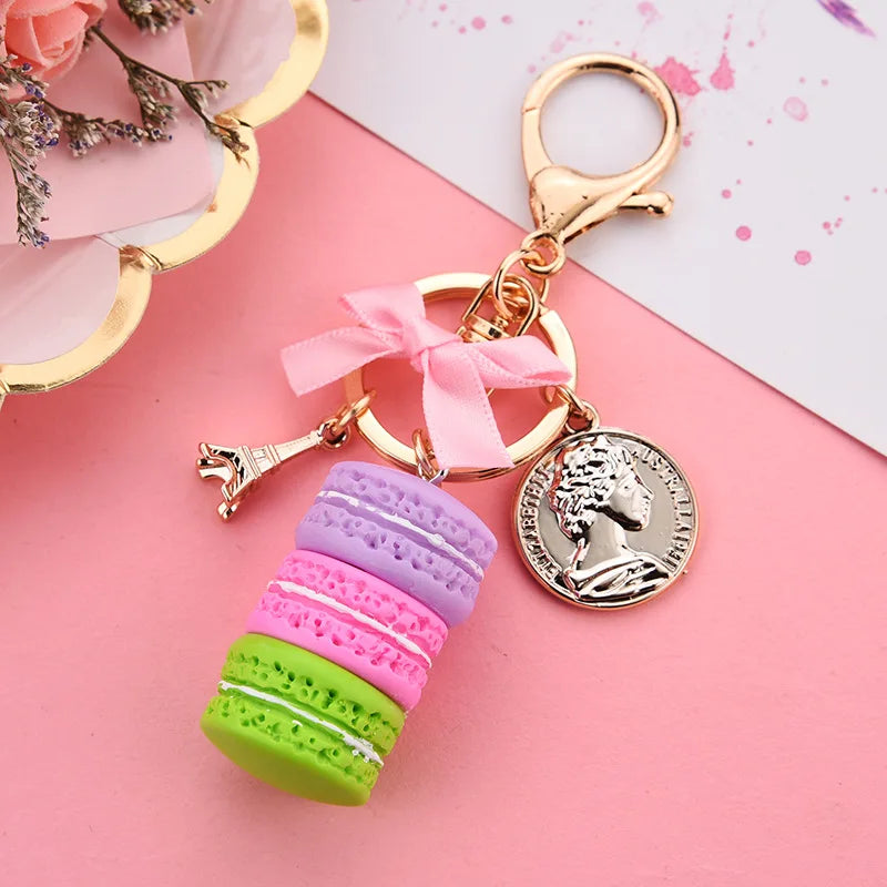 New macaron cake keychain bow Paris tower key ring charm car keychain party gift Jewelry 3087