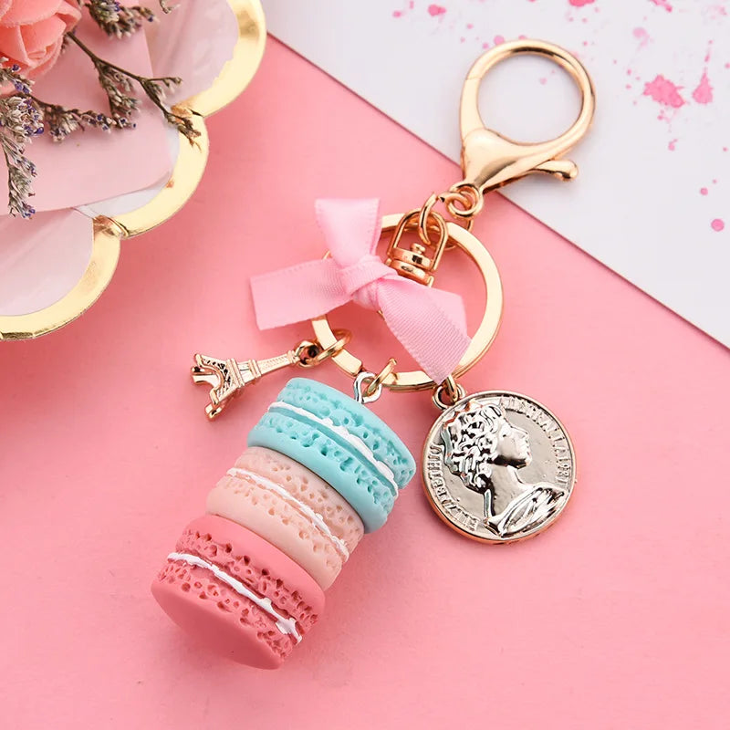 New macaron cake keychain bow Paris tower key ring charm car keychain party gift Jewelry 3087