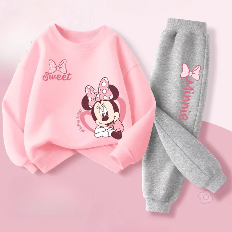 Pink Series Minnie Print Spring New Children's Clothing Sets Girls Long Sleeved Pullover Pants 2pcs Suit Kids Casual Sweatsuit