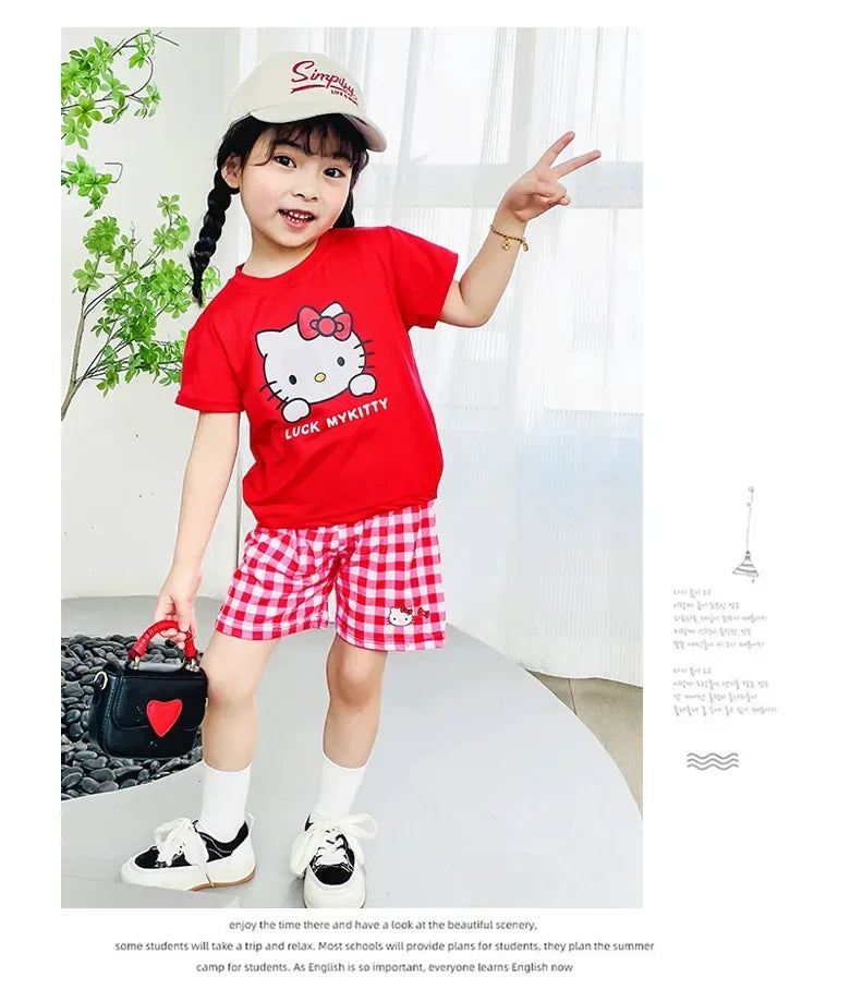 Kids Boys Girls Summer Cartoon Print Short Sleeve T-Shirt Tops with Shorts Toddler Baby Clothing Sets Kitty Kuromi Kids Outfits