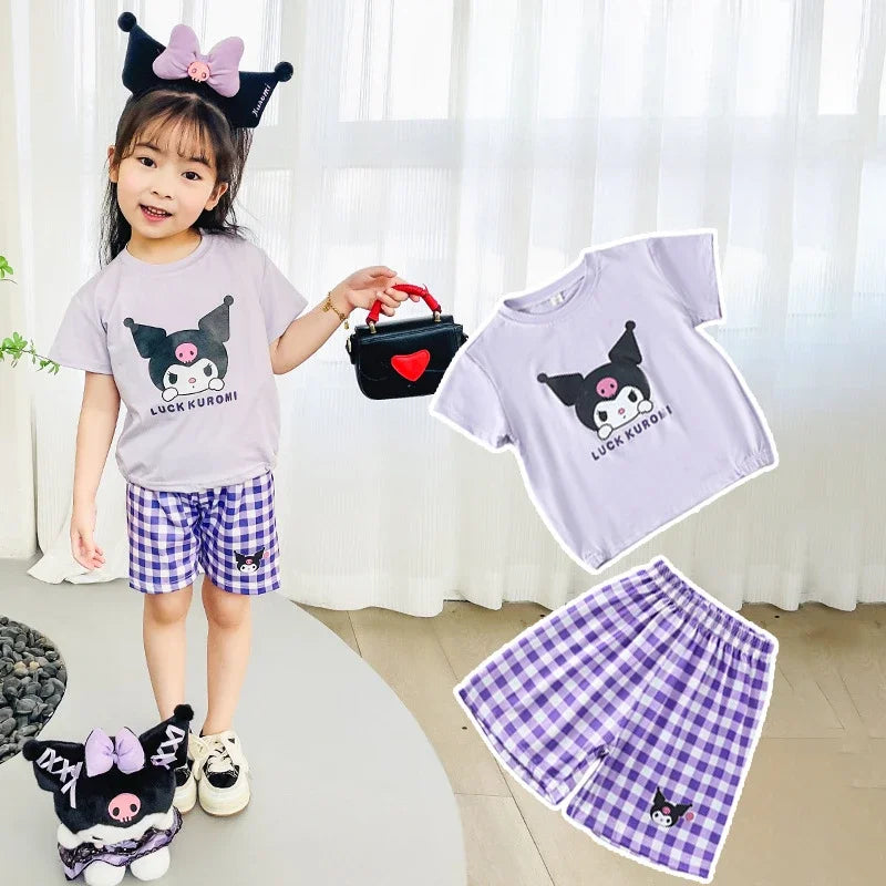 Kids Boys Girls Summer Cartoon Print Short Sleeve T-Shirt Tops with Shorts Toddler Baby Clothing Sets Kitty Kuromi Kids Outfits