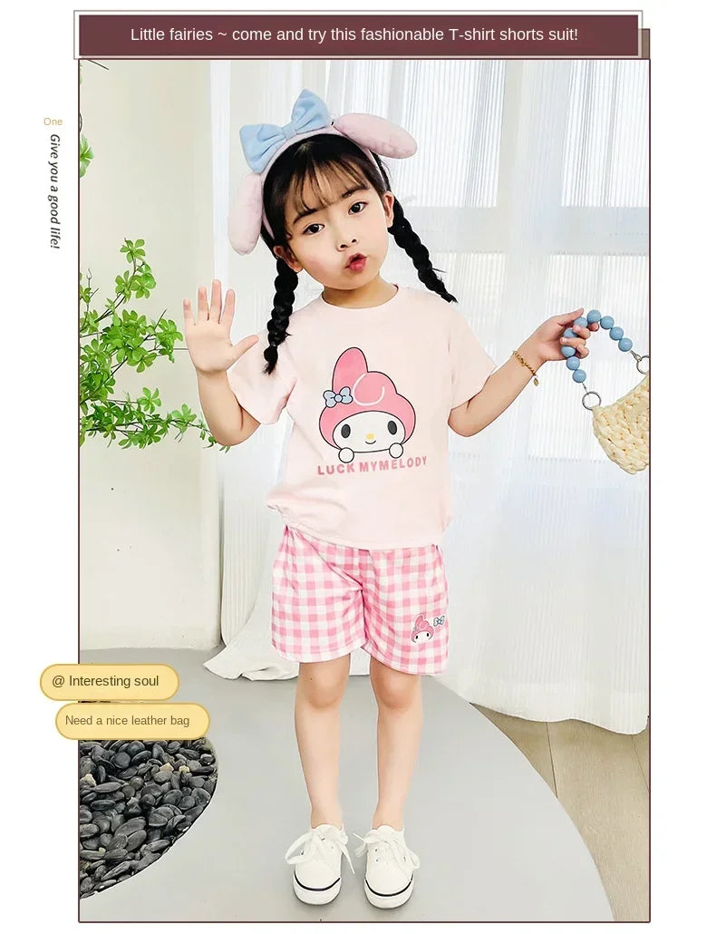Kids Boys Girls Summer Cartoon Print Short Sleeve T-Shirt Tops with Shorts Toddler Baby Clothing Sets Kitty Kuromi Kids Outfits