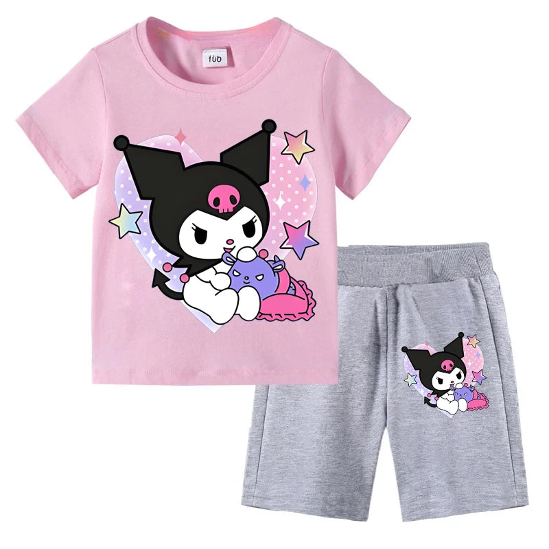 Sanrio Children's T-shirts Set Kuromi Printed Girls Summer Trend Baby Short Sleeve Shorts Two-piece Set Kids Outfits