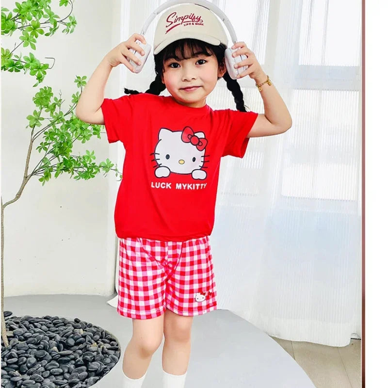 Kids Boys Girls Summer Cartoon Print Short Sleeve T-Shirt Tops with Shorts Toddler Baby Clothing Sets Kitty Kuromi Kids Outfits