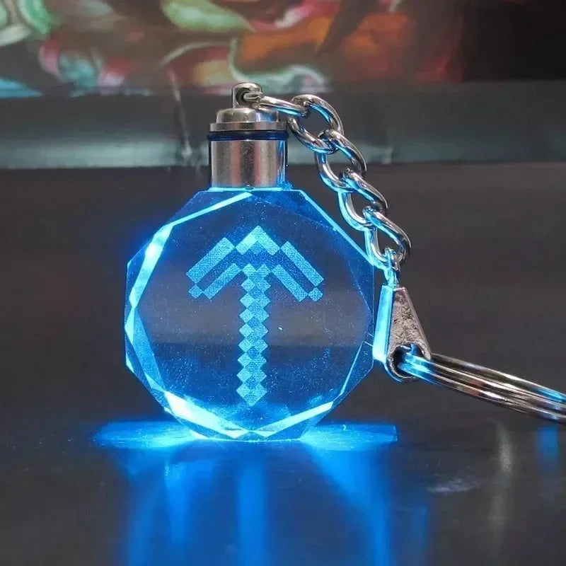 Minecraft Steve Figure Glass Led Colored Light Keychain Toy DIAMOND ARMOR CREEPER TNT Sword Keyring Pendant Kids Birthday Gift