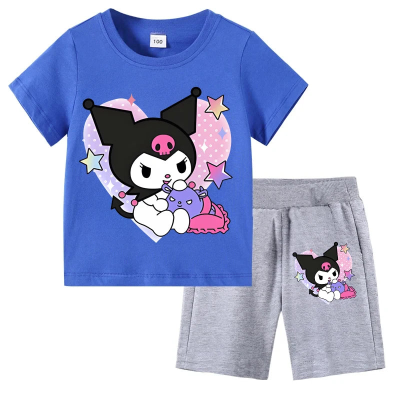 Sanrio Children's T-shirts Set Kuromi Printed Girls Summer Trend Baby Short Sleeve Shorts Two-piece Set Kids Outfits