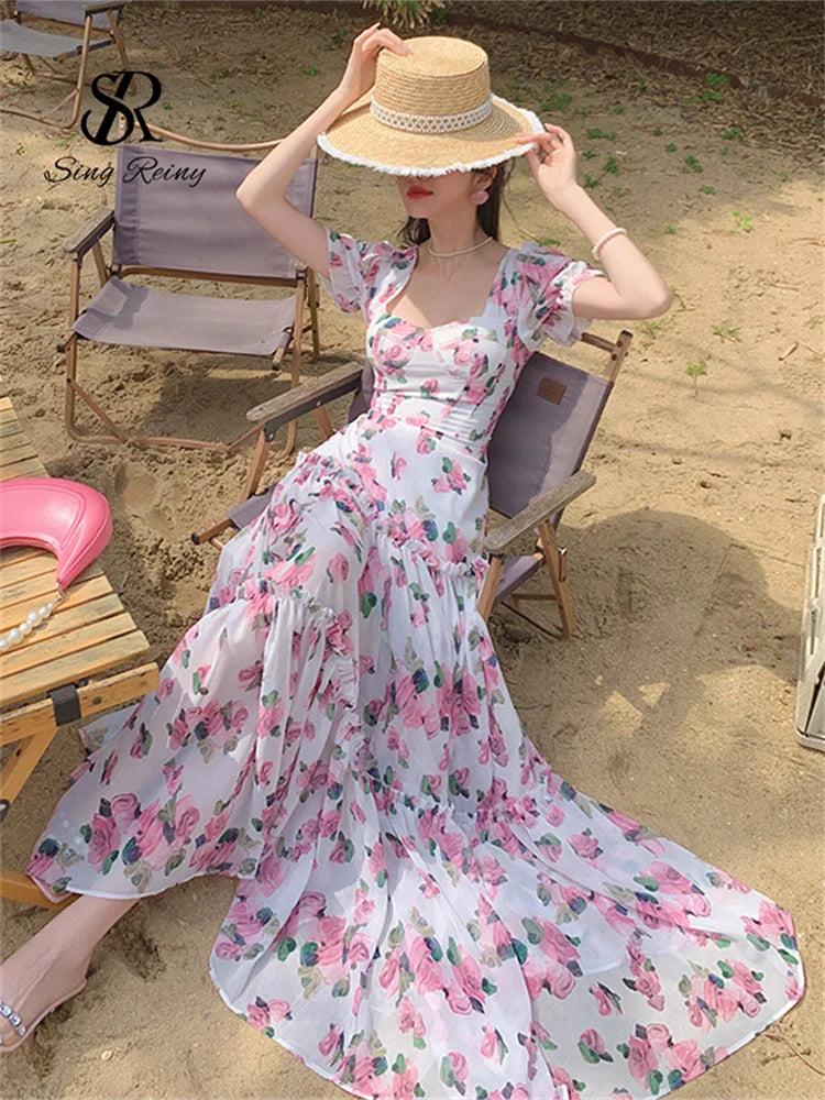 SINGREINY Beach Vacation Floral Print Dress Women Backless Lace Up Cross Bandage Ruched Korean Hotsweet Fashion Party Long Dress