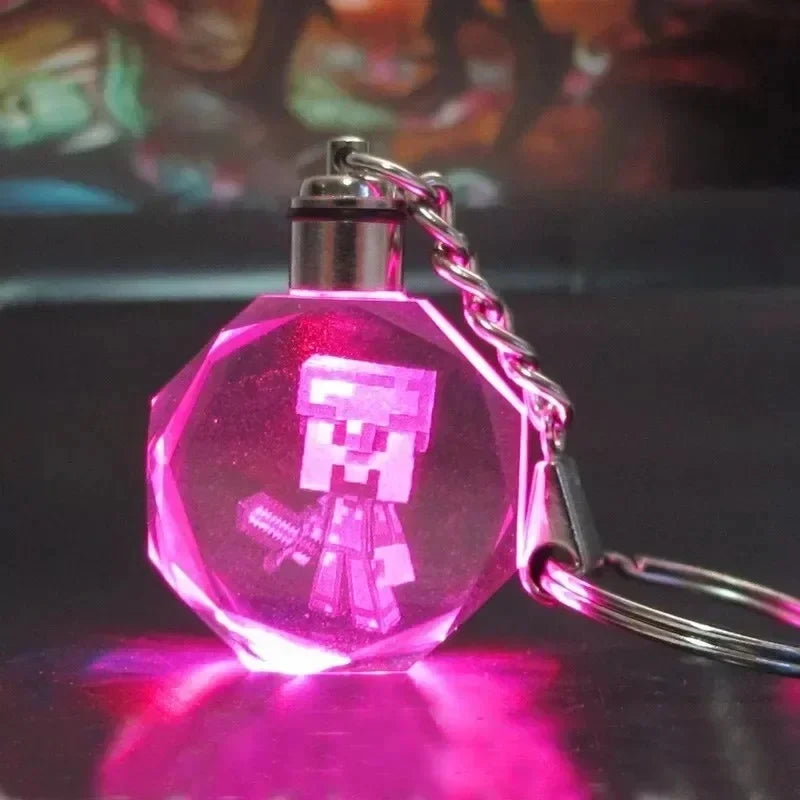 Minecraft Steve Figure Glass Led Colored Light Keychain Toy DIAMOND ARMOR CREEPER TNT Sword Keyring Pendant Kids Birthday Gift