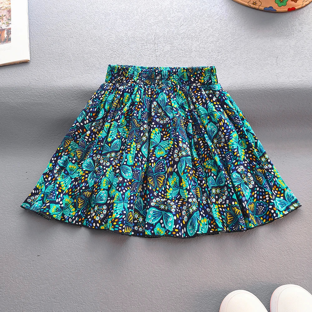 Kids Girls Cotton Print Princess Pleated Skirt Sweet Big Kids Girls Tutu Skirts Elastic Waist Mini Skirt Clothes For Girls