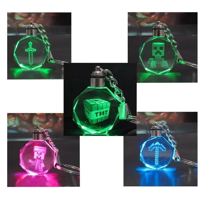 Minecraft Steve Figure Glass Led Colored Light Keychain Toy DIAMOND ARMOR CREEPER TNT Sword Keyring Pendant Kids Birthday Gift