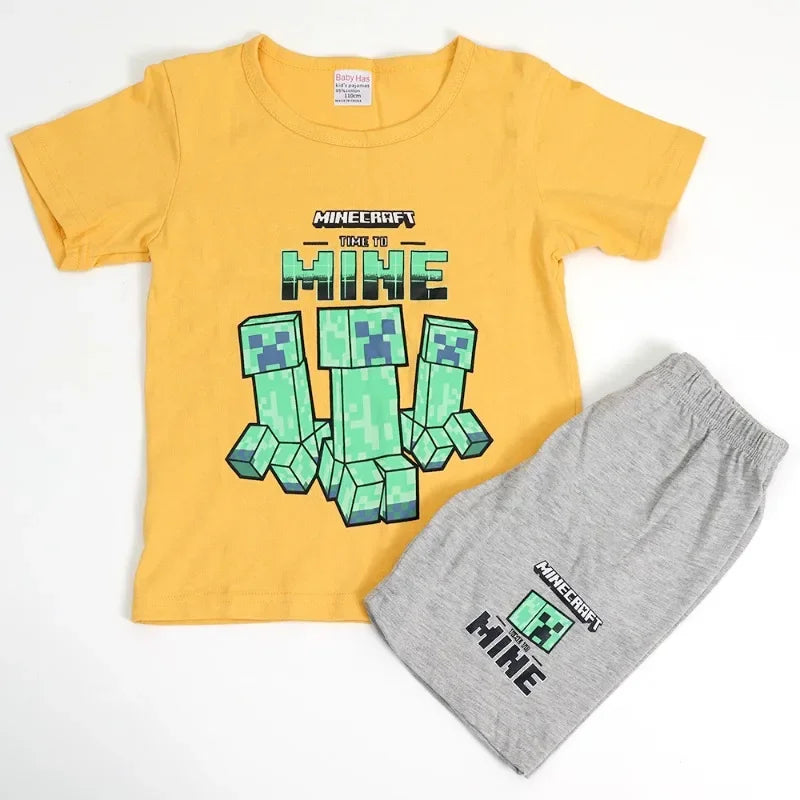 Cartoon Minecrafts Summer Boys T-shirt Pants Suit 2pcs Set Children Short Sleeve Tee Shorts Clothes