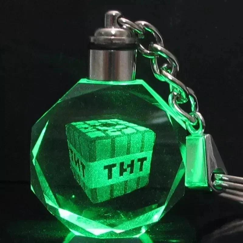 Minecraft Steve Figure Glass Led Colored Light Keychain Toy DIAMOND ARMOR CREEPER TNT Sword Keyring Pendant Kids Birthday Gift