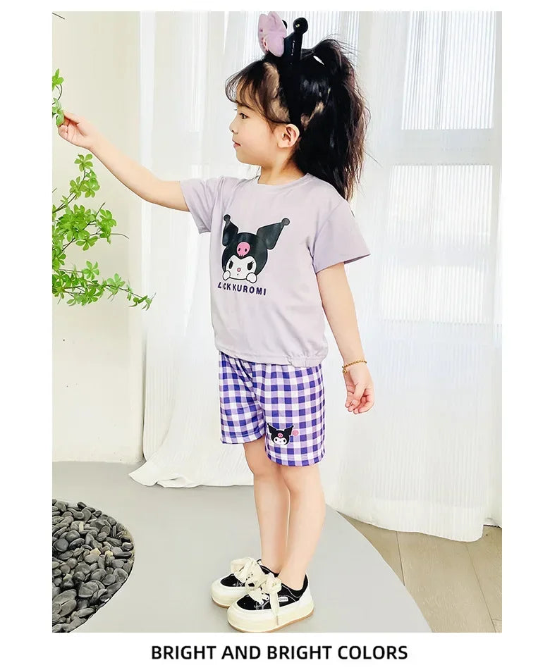 Kids Boys Girls Summer Cartoon Print Short Sleeve T-Shirt Tops with Shorts Toddler Baby Clothing Sets Kitty Kuromi Kids Outfits