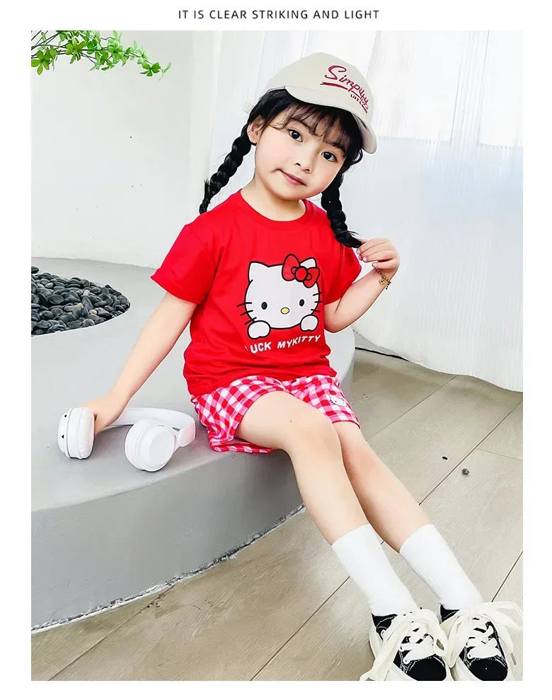 Kids Boys Girls Summer Cartoon Print Short Sleeve T-Shirt Tops with Shorts Toddler Baby Clothing Sets Kitty Kuromi Kids Outfits