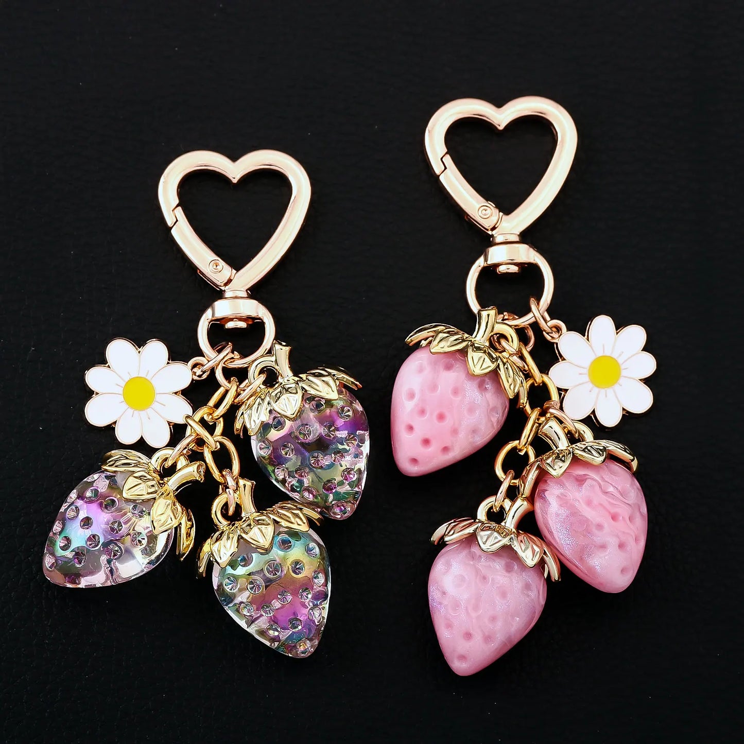 Cute Strawberry Bag Pendant Keychain Kawaii Heart Flower Daisy Key Chain for Women Girs Bag Purse Pendant Accessories Gift